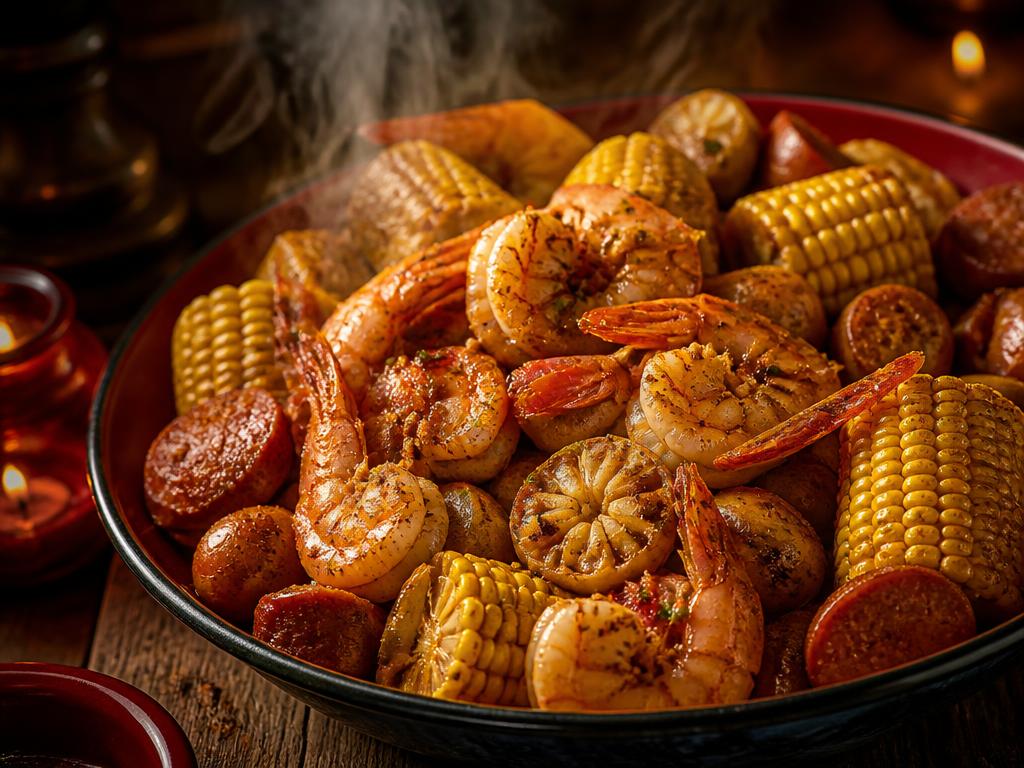Cajun seafood boil with shrimp, corn and sausage