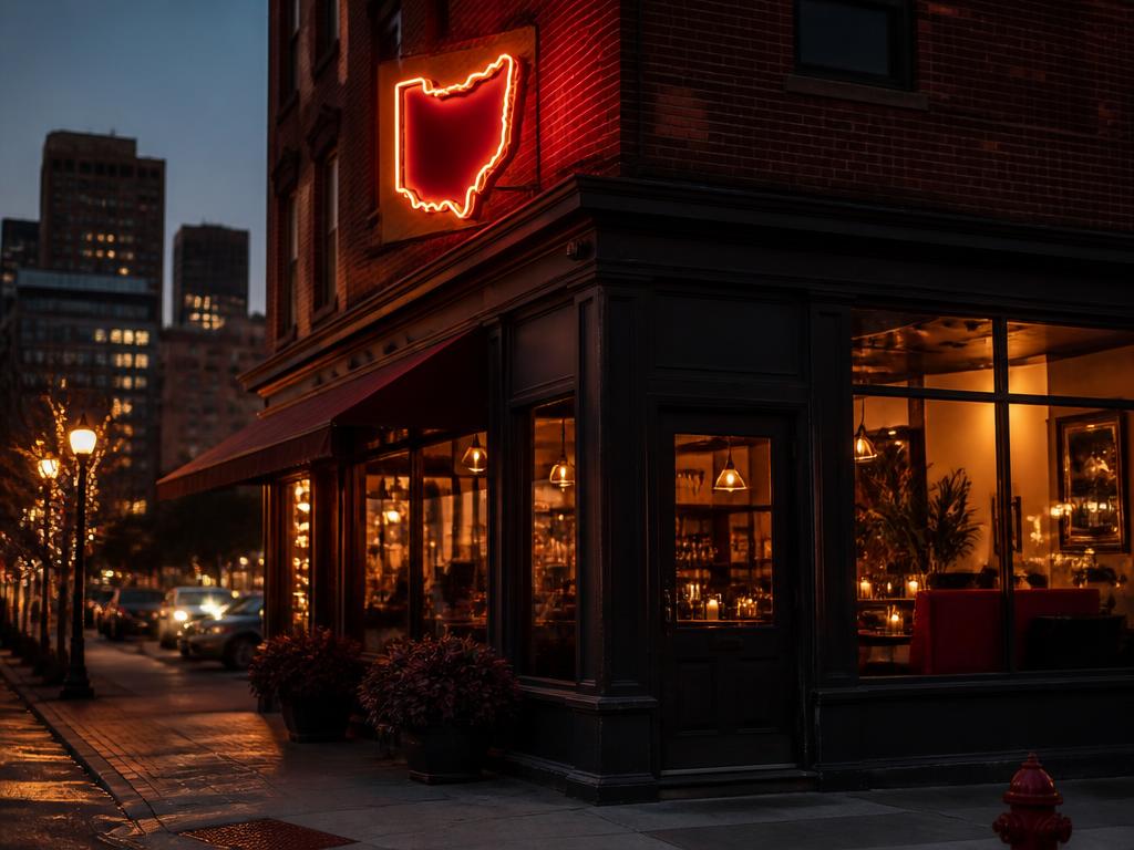 Downtown Toledo restaurant storefront at dusk